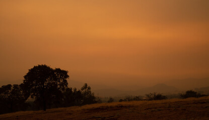 Fototapeta na wymiar Dark Orange Smoke Filled Sky Over Central Valley California