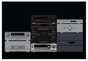 Sound shop. HiFi stereo audio components. Amplifier, receiver, CD-player, sound processor. Vector image for illustrations.