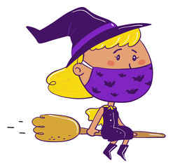Happy witch flying on a broom, wearing a mask