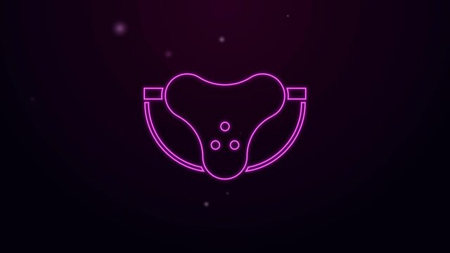 Glowing neon line Protective sport jockstrap icon isolated on purple background. 4K Video motion graphic animation.