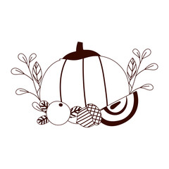 autumn pumpkin apple acorn branch leaves isolated design white background line style