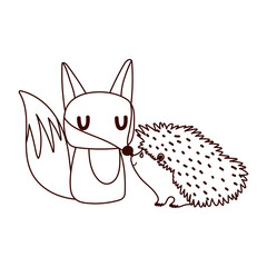 cute fox and hedgehod animals cartoon isolated design white background line style