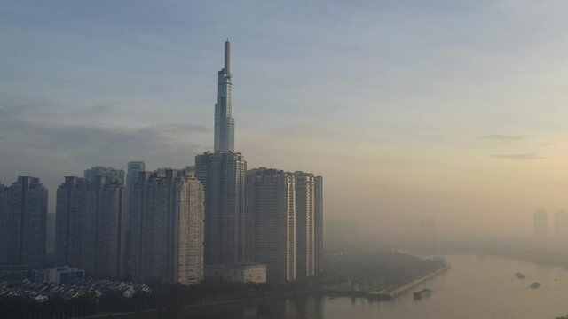 Ho chi minh City, Vietnam Aug 2020 early morning at Landmark 81 with low fog cover the ground