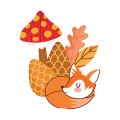 hello autumn, sleeping fox pine cone mushroom leaves foliage