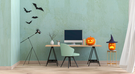 Halloween party interior living room with desktop computer and pumpkins. 3D render