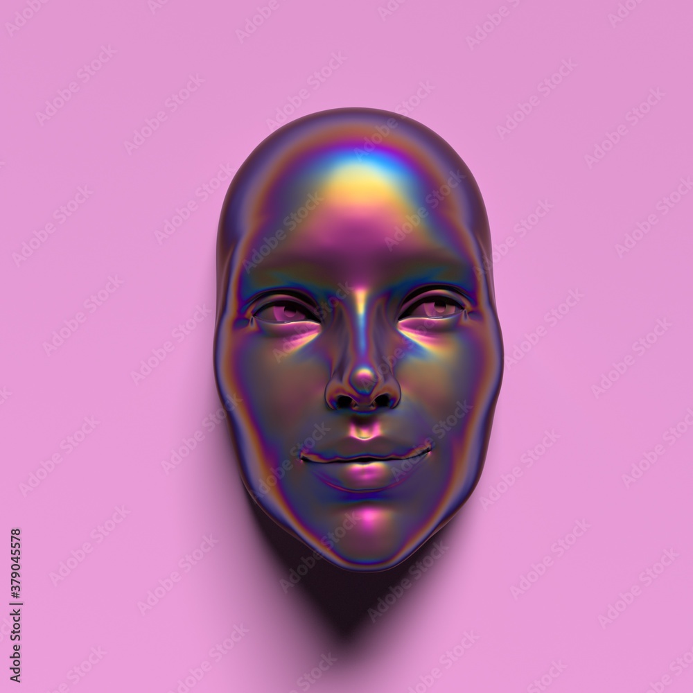 Poster abstract 3d render illustration of holographic human face in the wall, robotic head made of glossy i