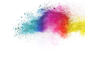 Colorful powder explosion on white background. Colored cloud.
