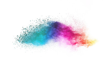 Colorful powder explosion on white background. Colored cloud.