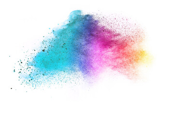 Colorful powder explosion on white background. Colored cloud.