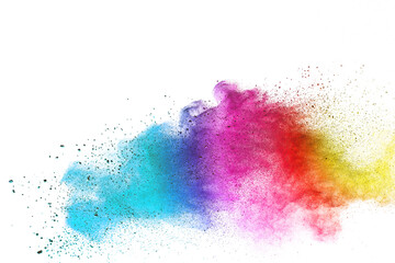 Colorful powder explosion on white background. Colored cloud.