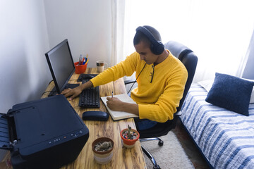 Man sitting in his room and working from home