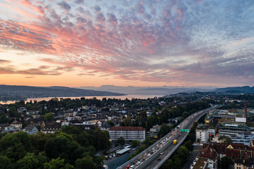 Aerial view of Zurich with beautiful sunrise