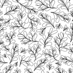 Black and white, outline branches and leaves, foliage vector seamless pattern.