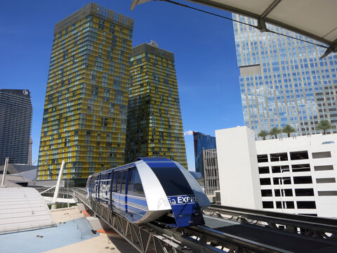 Modern tram pulls into station at CityCenter connects the Belaggio, Aria and Monte Carlo hotels and casinos