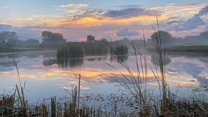 sunrise golf course late summer early autumn foggy pond marsh
