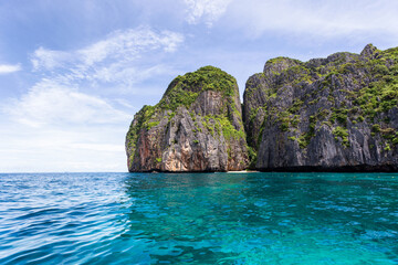 Beautiful tropical island bay at Maya Bay on Phi Phi Leh Island in sunshine day, Krabi Province,...