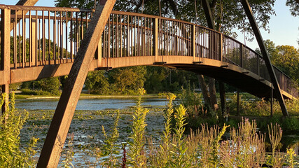 city park pond golden hour lagoon tree reflections bridges