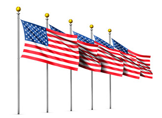 Five fluttering stars and stripes on a white background created by 3d rendering