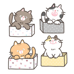 Vector Illustration of Cartoon Cat in Box Characters on Isolated Background