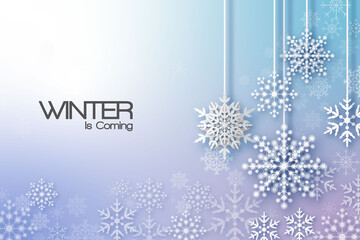 Naklejka na ściany i meble Holiday greeting with snowflake and snowfall background.