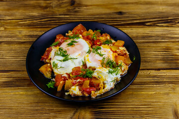 Homemade breakfast shakshuka - fried eggs, onion, bell pepper, tomatoes and dill on rustic wooden table. Jewish cuisine