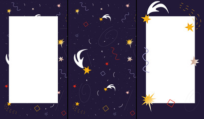 Cute cover designs in cartoon style for brochures, stories, applications. Vector flat set of cover designs with starry sky, meteorites, geometric. Space texture backgrounds on space and astronomy. 