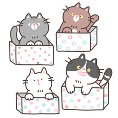 Vector Illustration of Cartoon Cat in Box Characters on Isolated Background. Set of Funny Cartoon Cats.