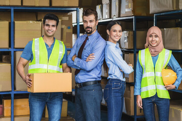 Portrait of Group of Diversity warehouse worker standing and Proud of the team for vision and target in local warehouse, muslim, indian, white caucasian and asian people in export industry concept