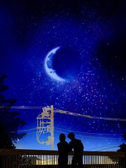 Silhouette of lovers in the city night’s landscape