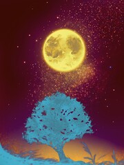 Landscape of yellow moon and stars over the silhouette of tree