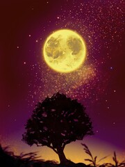 Fototapeta na wymiar Landscape of yellow moon and stars over the silhouette of tree