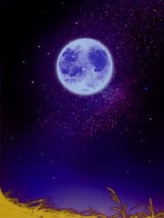 Landscape of blue moon and stars over the golden leaves 