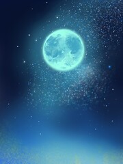 Blue moon and stars in the space