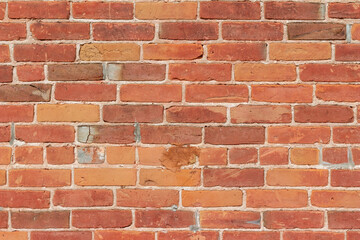 Antique grungy reddish brown brick wall texture background in a common bond brickwork pattern, with...