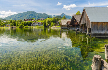 Fototapeta na wymiar Lake Grundlsee in summer. Village Grundlsee, region Salzkammergut, Liezen district of Styria, Austria, Europe.