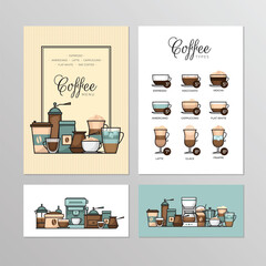 Coffee shop menu. Types of coffee.  Infographic and banner. Flat style, vector illustration.