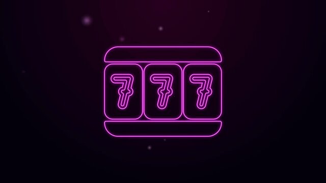 Glowing neon line Slot machine with lucky sevens jackpot icon isolated on purple background. 4K Video motion graphic animation.