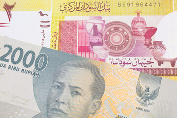 A macro image of a grey two thousand Indonesian rupiah bank note paired up with a green two pound bank note from Sudan.  Shot close up in macro.
