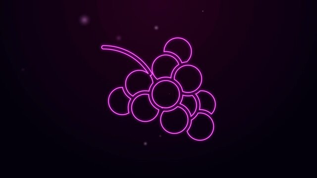 Glowing neon line Casino slot machine with grape symbol icon isolated on purple background. Gambling games. 4K Video motion graphic animation.