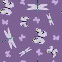 Seamless pattern with butterflies and dragonflies