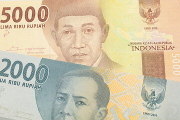 A macro image of a grey two thousand Indonesian rupiah bank note paired up with a orange five...