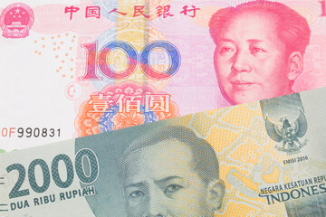 A macro image of a grey two thousand Indonesian rupiah bank note paired up with a red, one hundred yuan bank note from China.  Shot close up in macro.