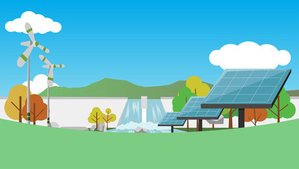 Concept of clean energy or renewable energy. Solar cell with energy from water and wind turbines. Empty space below. © thongchainak