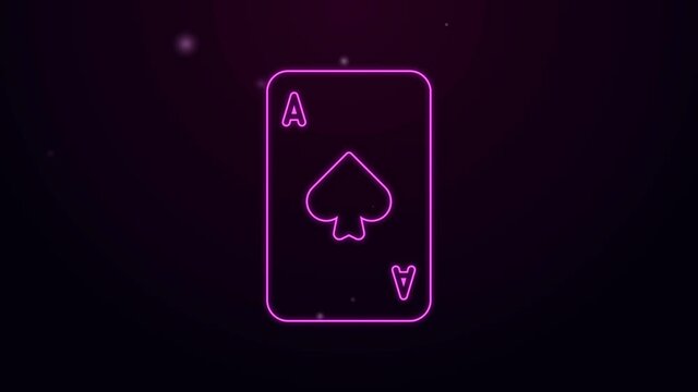 Glowing neon line Playing card with spades symbol icon isolated on purple background. Casino gambling. 4K Video motion graphic animation.