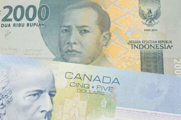 A macro image of a grey two thousand Indonesian rupiah bank note paired up with a blue five dollar bill from Canada.  Shot close up in macro.