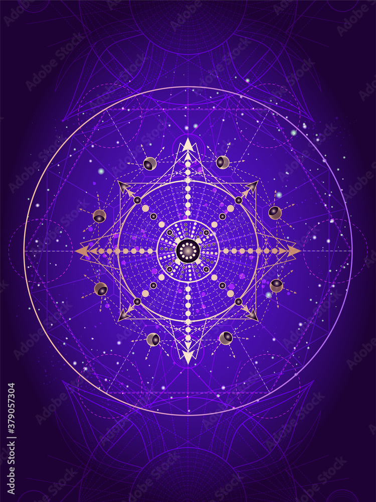 Wall mural vector illustration of sacred geometry symbol on abstract background. image in purple color.