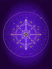 Vector illustration of Sacred geometry symbol on abstract background. Image in purple color. 