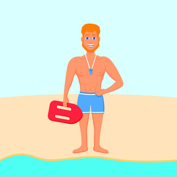 Full color lifeguard illustration character with rescue board