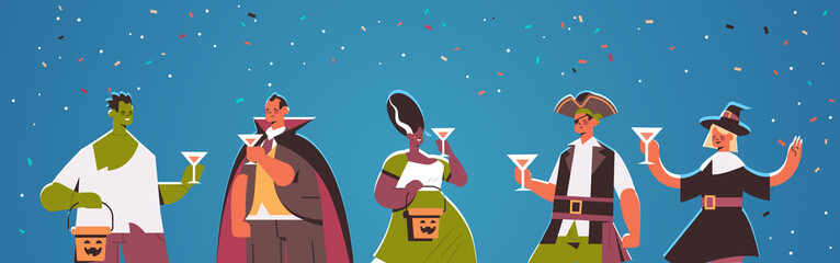 people in different costumes celebrating happy halloween party concept mix race men women having fun greeting card portrait horizontal vector illustration