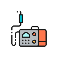 Welding machine with spark torch, welder tool flat color line icon.